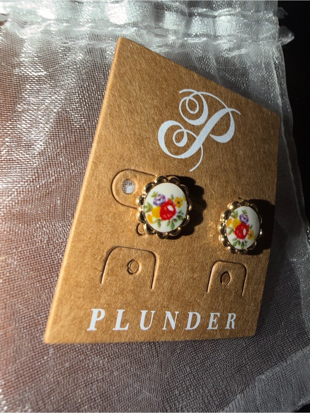 Plunder Gold Floral Button Stud Earrings with Red, Yellow and Purple Accents - Picture 3 of 3